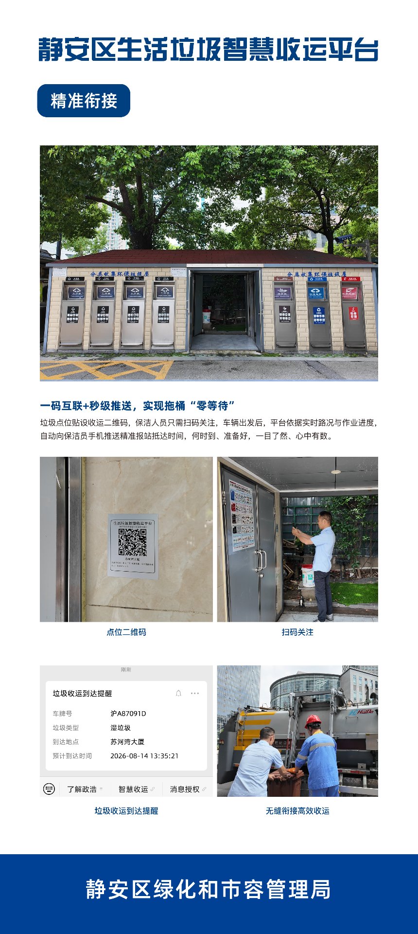 公交报站式收运实拍：点位二维码、保洁员扫码关注与垃圾收运到达提醒