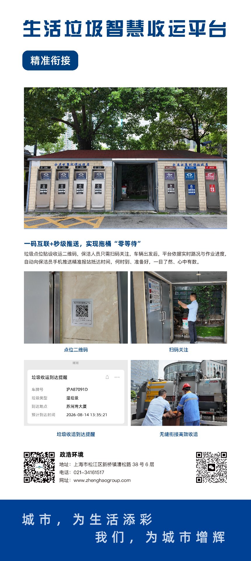 智慧收运模块：公交报站式收运实拍，点位二维码、扫码关注与到站提醒推送